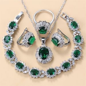 925 Mark Bridal Necklace And Earrings Jewelry Sets For Women Fashion Wedding Dress Costume Green Zircon Charm Bracelet Ring 220922