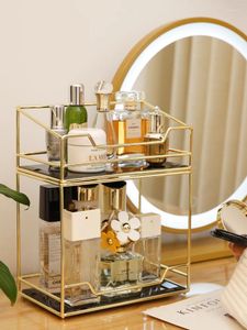 Förvaringslådor nordiska kosmetiska roterande skrivbordslåda Makeup Hylla Tray 2 Tiers toalettbord Finish Rack Organizer