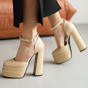 Sandals Genuine Leather Thick High Heel Platform Women's Pumps Rhinestone Ladies Dress Party Shoes Black Silver Red Beige Apricot