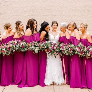 2023 Fuchsia Bridesmaid klänningar från axelgolvet Längd Chiffon En linje Anpassad PLUS -storlek Maid of Honor Gown Country Wedding Wear 401 401