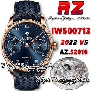 AZF v5 AZ500713 A52010 Автоматические мужские часы Blue Power Reserve Номер номера номера розового золота из нержавеющей стали синий кожаный ремешок 2022 Super Edition Eternity Watches