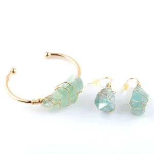 Boho Retro Irregular Dangle Earring Set For Women Elegant Gold Color Wire Wrap Natural Crystal Open Bangle Charm Jewelry O9328