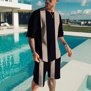 Men's Tracksuits 2022 Summer 3D Prited Vintage Striped Daily Casual Men's T-shirt Set CrewNeck Comfortable Retro Harajuku Sprots Suit