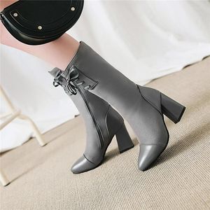 Boots YMECHIC 2022 Punk Winter Womens High Heels Mid Calf Long Ridding Female Cross Tied Gray Black Ladies Plus Size Shoes