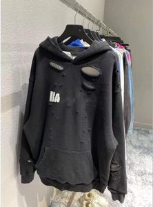 Plus Tattered Letter Hole Print Hoodie Autumn Winter Unisex Men And Women's Casual Student Fashion Hooded Sweatshirt Long