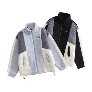 Hip Hop Fleece Winter Down Parka Jacket Streetwear Color Block Patchwork Cotton Thick Warm Varsity Fuzzy Coat 2022 Harajuku Jackets