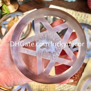 Druzy Agate Geode Pentacle Pentacle Arts and Crafts Hand Carved Natural Quartz Crystal Pentagram Spents Stand Ball Holder Protection Symbol 5点星ウィッカツール