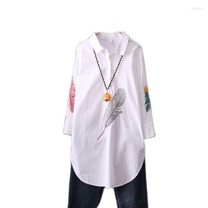 Women's Blouses ZWTY Cotton Plus Size Feather Embroidery White Long Blouse Women Art Loose Ladies Office Work Tops Button Down Shirts