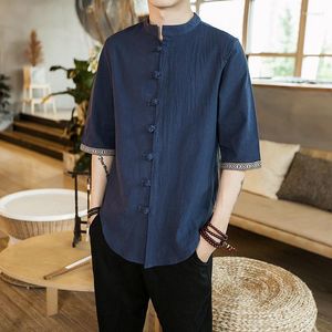 Men's Casual Shirts Men's Men Shirt Linen Chinese Style Summer SHORT Navy Blue Gray White Fashion Youth 2022 Solid Clothing