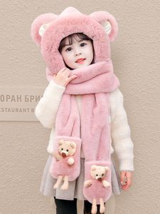 Scarves Wraps Hats Scarves Gloves Sets Children's Winter Boys and Girls Cute Earmuffs Scarf Bear Baby Sleeve Cap 220921