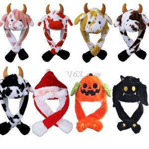 Beanieskull Caps LED Light Up Plush Animal Hat med r￶rliga hopp￶ron Cartoon Milk Cow Earfap Cap fyllda leksaker Jul Halloween Po Props 220921
