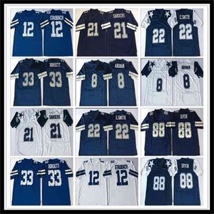 Wskt Herren-Retro-Fußball-Trikot von Deion Sanders, Troy Aikman, Emmitt Smith, Tony Dorsett, Randy, Weiß, Michael Irvin, Roger Staubach, genäht, Marineblau