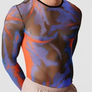 Men's Sweaters Printed T Shirt Mesh See Through Streetwear O-neck Long Sleeve Clothing Fashion Sexy Casual Camisetas 5XL INCERUN 7 220922