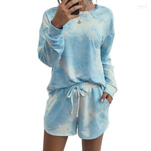 Women's Tracksuits Summer 2022 Women Set Home Tie Dye Long Sleeve Top Shirt And Shorts White Outfits Casual Suit Loose Two Piece Sets1