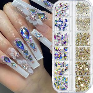 Decorações de arte da unha 12 CIDDS 3D Rethes brilhantes coloridos abriga cristais planos de tamanho misturado com gemas de manicure de diamante glitter