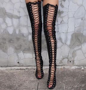 Bottes Femmes Over the Knee Lace Up 2022 Automne Ladies Long High Boties Sexy Talons Femelle Chaussure de cuisse Femme Open Toe