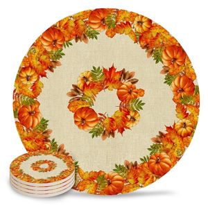 Mats Pads Thanksgiving Fall Pumpkin Maple Leaf Ceramic Coasters Absorbent Tableware Mat Home Coffee Dining Table Decoration Placemat Gift 220921