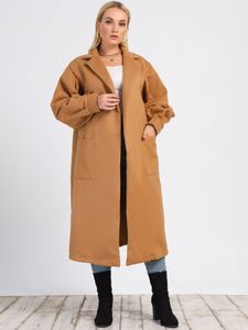 Women s Two Piece Pants Plus Size Pocket Long Coat Autumn Winter Elegant Solid Open Front Female Overcoat 220922