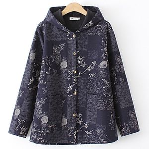 Kvinnor s plus size yttre kläder rockar 4xl kappa kvinnor kläder lösa huva blommor tryck bomullslinne jacka vinter medel och ålder fleece varm ytterkläder 220922