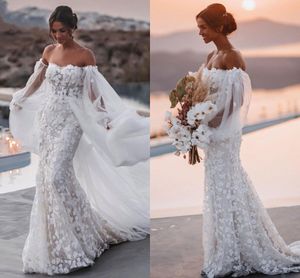 Bohemian Mermaid Wedding Dresses with Remove Cape Sleeve 3D Floral Beach Country Graden Bridal Gown with Detachable Train