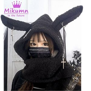Beanie Skull Caps Japanines Harajuku Girls Long Rabbit Ear Hat Gothic Black CrossチェーンLambswool Winter Warm Hooded Scarf Caps Streetwear