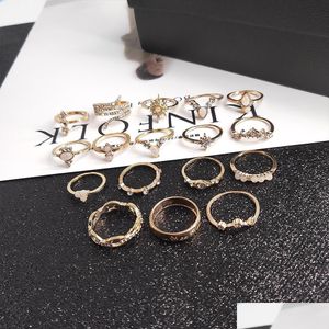 Band Rings 17 Pcs/Set Fashion Bohemia Leaf Crystal Crown Ring For Women Midi Set Ornament Girl Knuckle Jewelry Gift Drop Deliv Bdedome Dh0Zi