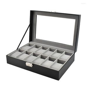 Uhrenboxen 12-Slot-Boxständer mit Glasabdeckung Grauer Samt-Holzspeicher aus Kohlefaser-PU-Leder