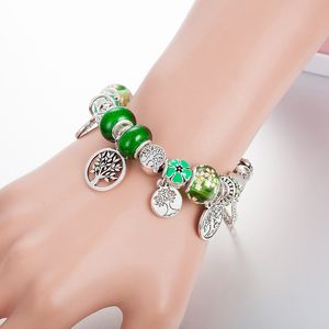 Green Charms Family Tree Pendant Armband Girl Womens Fashion Party Gift With Original Box f￶r Pandora Silver Plated Snake Chain Armband Set