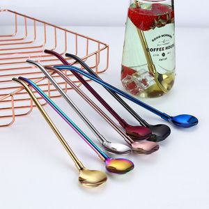 2in1 Long Stainless Steel Straw Spoon Metal Home Kitchen Dining Flatware Mug Spoons Cutlery Bar Tool