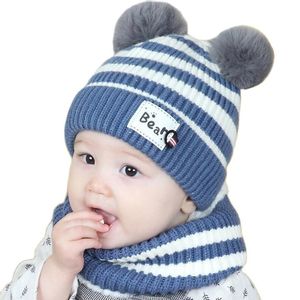 Sciarpe Avvolgimenti Cappelli Sciarpe Guanti Set Doit 6 mesi a 3 anni Berretto per bambini Capelli a righe Bull Boys Pelliccia lavorata a maglia Inverno 2 pezzi Set di sciarpe per cappelli per bambina in lana per bambini