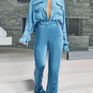 Women's Two Piece Pants Women Satin Trousers Suit Solid Loose Shirts Tops And Straight Pant Two Piece Set Summer Office Lady Fashion Female Outfits 220922