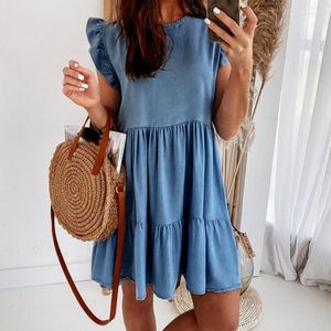 Casual Dresses Summer Sleeveless Solid Color Cake Dress All Match O-neck Ruffle Hem Loose Mini Women Clothing Ladies