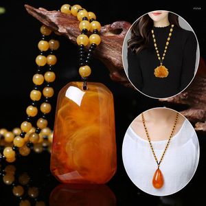 Pendant Necklaces Vintage Water Drop Long Necklace Ethnic Style Female Amber Carved Beaded Sweater Chain Jewelry Year Gift