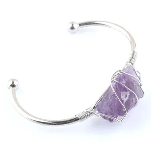 Pulseira de pedra natural, envoltório de arame de prata, traceletes de manguito aberto para mulheres para mulheres jóias de moda BO938