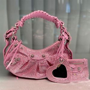 5a Quality designer bag Motorcycle Handbag Rhinestone Shoulder Crossbody Bags Genuine Leather Heart Shaped Pendant Zipper Closure Women Half Moon Clutch Purse