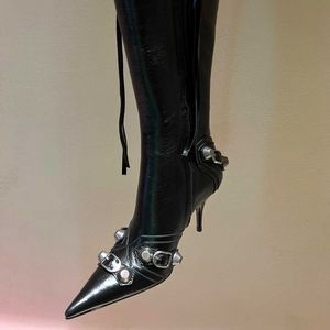 Cagole lambskin leather knee-high boots stud buckle embellished side zip shoes pointed Toe stiletto heel tall boot luxury designers shoe for 23