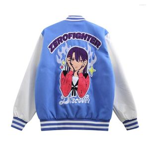 Men's Jackets Mens Fashion Varsity Jacket Anime Girl Embroidery Patchwork Color Block Baseball Coat 2022 Winter Streetwear Bomber Women