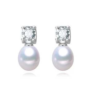 Trendy Earrings Women Jewelry with freshwater pearl 100% Real Genuine 925 Sterling Silver Diamond Pearl Ear Stud