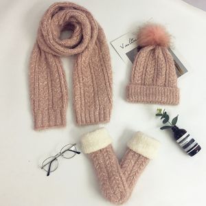 Шарфы обертывания шляп шарфы перчатки наборы 3pcs Устанавливают женскую зимнюю вязаную пряжу и шарф в корейский стиль густой теплый костюм 220921