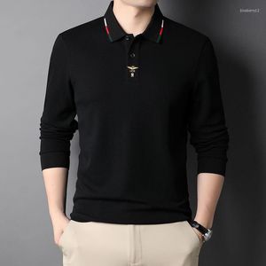 Polos masculinos high end designer de algodão camisa polo masculina lapela manga longa camiseta primavera tendência bordado casual solto topo