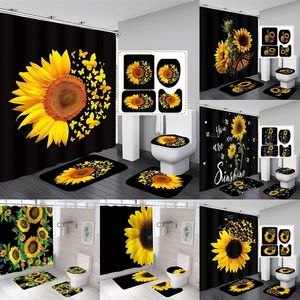Занавески для душа Magic Sunflower Butterfly Curtain Sets Black Yellow Art Country Flower Ванная комната Декор Коврики для ванной Коврик Крышка для унитаза 220922