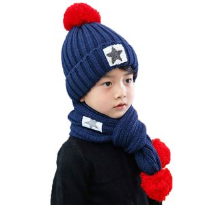 Sciarpe Avvolgimenti Cappelli Sciarpe Guanti Set Cappello invernale e sciarpa Set per bambini Ragazze Berretto per bambini Ragazzi Star Design Berretto con pompon lavorato a maglia Velluto Caldo completo da 2 pezzi