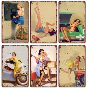 Metal Painting New American Pinup Beauty Retro Tin Painting Bar Background Wall Frameless Decorative Mural Living Room decor 20X30cm