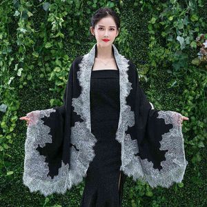 Scarves Women Autumn Pashmina Elegant Large Scarf Vintage Evening Dress Shawl Wrap Eyelash Floral Lace Edge Wedding Stole Cape T220919