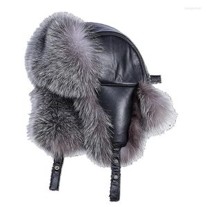 Berets Winter Men' Real Silver Fur Bomber Hat Genuine Raccoon Ushanka Cap Trapper Russian Women Ski Hats Caps With