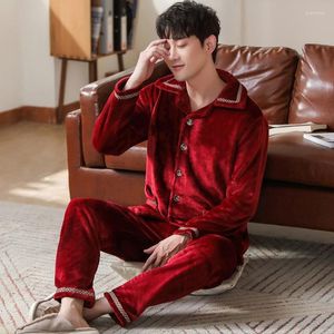 Herren-Nachtwäsche, Winter-Weinrot-Pyjama, männlich, weiches Flanell, warme Pyjama-Set, Nachthemd, Herren-Sets, Langarm-Männer-Lounge-Pijama