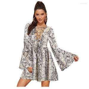 Casual Dresses Women Snake Skin Printed Cross Bandage Ruffle Long Flare Sleeve Dress Tuinc Boho Summer Evening Party