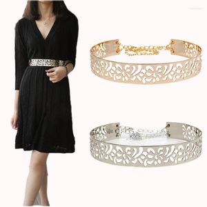 Belts Women Summber Gold & Silver Full Metal Flower Belt Shinny Like Mirror Waist For Dress Cummerbund Hook With Chain Bg-071