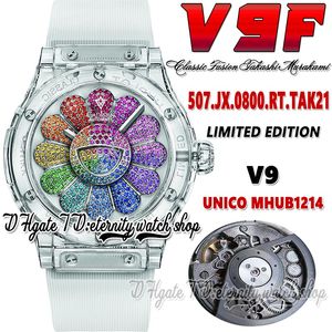V9F Iced Out Mens Watch v9507.0800 HUB1214 Automatic White Sapphire Crystal Case Sun Flower Rainbow Diamond Dial Rubber Strap 2022 Super Edition eternity Wristwatch