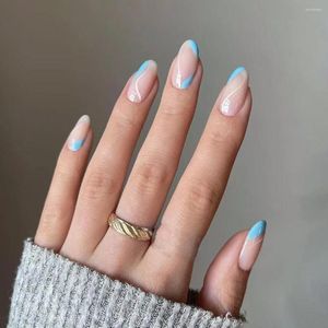 False Nails sts teranv ndbara Short Almond French Tryck p med m nster Blue Wave Line Artificial Acrylic Finger Full Nail Art Tips